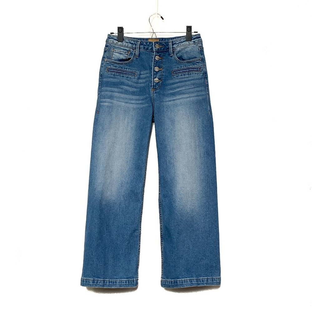 DRIFTWOOD Womens Charlee Med Wash Button Fly Jeans Whiskers Wide Leg Sz 27x24